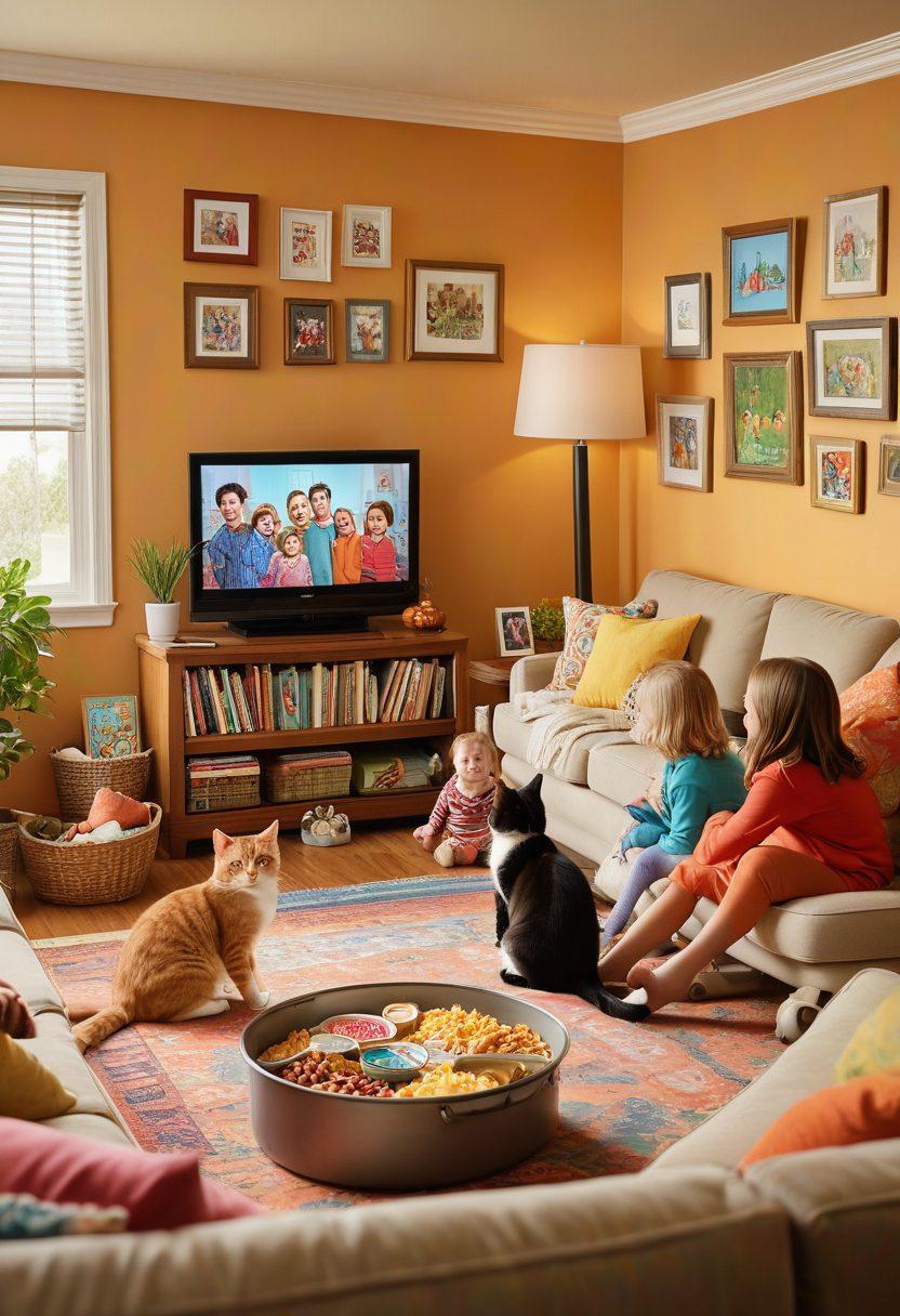 A cozy living room setting, featuring a happy family gathered around a television, watching a colorful and vibrant animated show together. The walls are decorated with family photos and children's drawings, while snacks and cozy blankets create a warm atmosphere. A playful cat entertains the kids, adding a touch of joy to the scene. The television screen displays animated characters that symbolize popular family shows. warm, inviting colors. super-realistic.