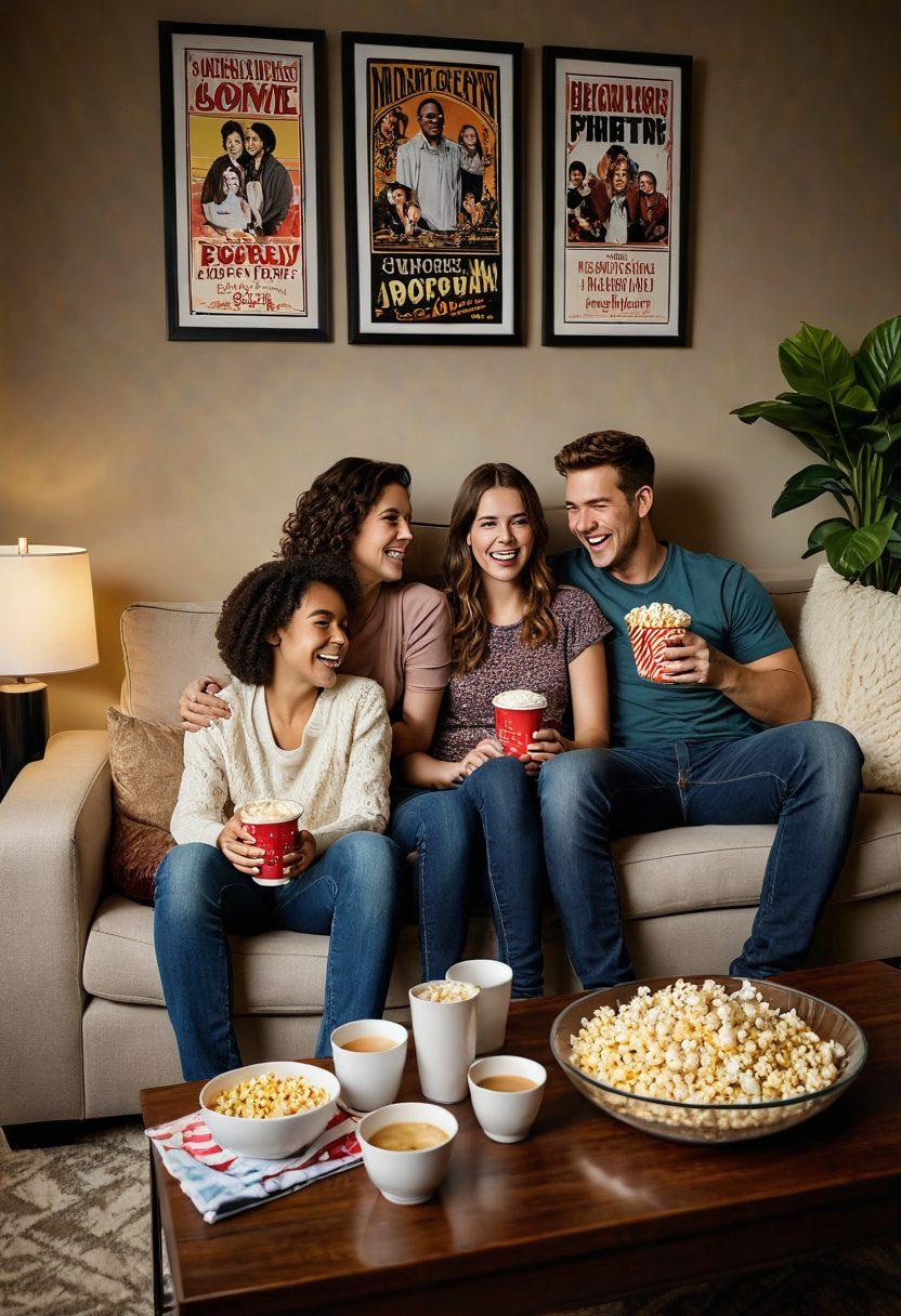 A cozy living room scene with a happy family of four gathered on a comfortable couch, watching a television screen showing colorful show posters. Laughter and snacks are shared, with cozy blankets and pillows around. Soft, warm lighting creates an inviting atmosphere, emphasizing family bonding and relaxation. The setting includes a coffee table filled with popcorn and drinks, enhancing the feel of entertainment. warm colors. super-realistic. inviting atmosphere.
