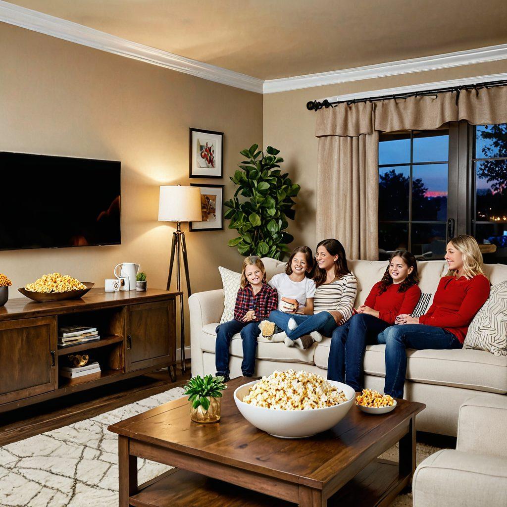 A cozy family living room setting with a television displaying a colorful family-friendly show, surrounded by laughter and engagement. Parents and children are enjoying popcorn together, showcasing a bond strengthened by shared viewing experiences. Soft lighting enhances the warmth of the scene, with framed family photos on the walls, depicting cherished moments. Styling includes a mix of modern and rustic decor elements. super-realistic. warm colors. cozy atmosphere.